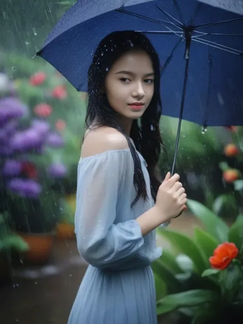 rain, in the rain, 1girl, flower, garden, <lora:sl_jim_xl:0.8>