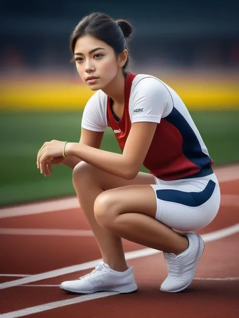 masterpiece, best quality, wall paper,beautiful mature college girl, in track outfit, outside on track field, ((slim, petite)), photorealistic, photo, masterpiece, realistic, realism, photorealism, high contrast, photorealistic digital art trending on Artstation 8k HD high definition detailed realistic, detailed, skin texture, hyper detailed, realistic skin texture, armature, best quality, ultra high res, (photorealistic:1.4),, high resolution, detailed, raw photo, sharp re, by lee jeffries nikon d850 film stock photograph 4 kodak portra 400 camera f1.6 lens rich colors hyper realistic lifelike texture dramatic lighting unrealengine trending on artstation cinestill 800, <lora:sl_jim_xl:0.8>