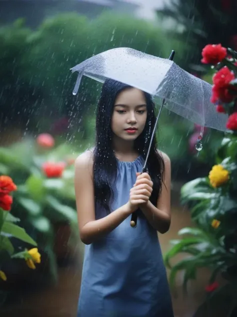 rain, in the rain, 1girl,  flower, garden, <lora:sl_jim_xl:0.8>