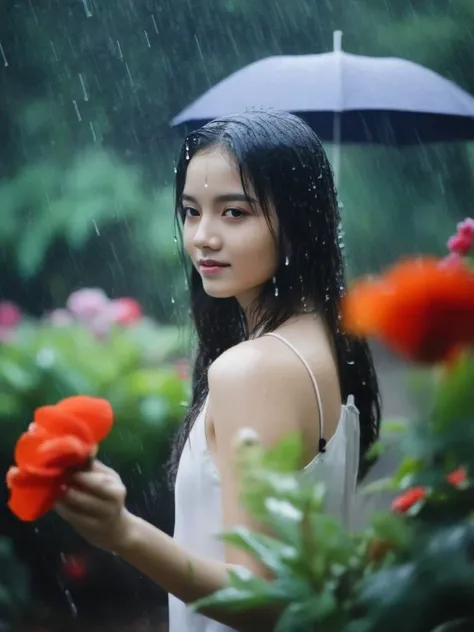rain, in the rain, 1girl, flower, garden, <lora:sl_jim_xl:0.8>