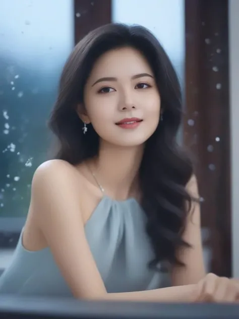 masterpiece, best quality, wall paper,(8k, best quality, masterpiece:1.2), (realistic, photo-realistic:1.37), ultra-detailed, soft light, 1 girl, cute, solo, beautiful detailed sky, detailed bedroom, open window, night, sitting, dating, (nose blush), (smile:1.15), (closed mouth) , beautiful detailed eyes, rain, (short hair:1.5),(leather jacket:0.8), floating hair NovaFrogStyle, , claevage, relaxing pose, silver hair, squinted eye, thin eyebrow, mature face, full shot body,<lora:sl_jim_xl:0.8>