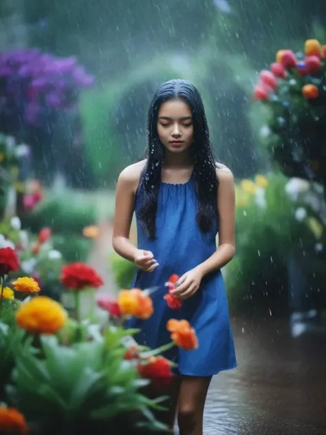 rain, in the rain, 1girl, flower, garden, <lora:sl_jim_xl:0.8>