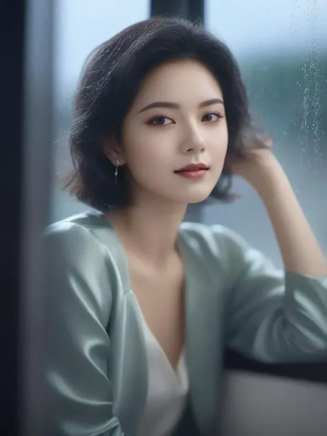 masterpiece, best quality, wall paper,(8k, best quality, masterpiece:1.2), (realistic, photo-realistic:1.37), ultra-detailed, soft light, 1 girl, cute, solo, beautiful detailed sky, detailed bedroom, open window, night, sitting, dating, (nose blush), (smile:1.15), (closed mouth) , beautiful detailed eyes, rain, (short hair:1.5),(leather jacket:0.8), floating hair NovaFrogStyle, , claevage, relaxing pose, silver hair, squinted eye, thin eyebrow, mature face, full shot body,<lora:sl_jim_xl:0.8>