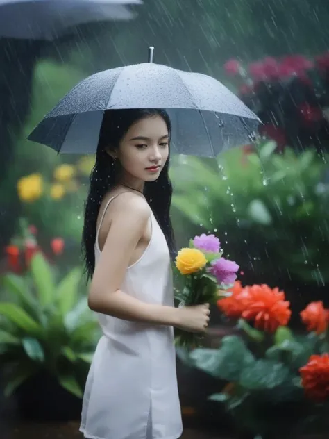 rain, in the rain, 1girl, flower, garden, <lora:sl_jim_xl:0.8>