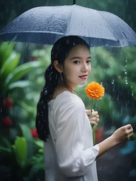 rain, in the rain, 1girl, flower, garden, <lora:sl_jim_xl:0.8>
