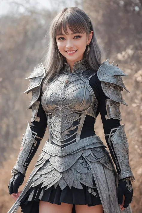 ((masterpiece,best quality,edgQuality)),(smile),looking at viewer,standing,
1girl,solo,grey hair,green eyes, hime cut,blush,
edgLnF, armor,clothing cutout, pauldrons, wearing edgLnF,(skirt,embroidery)
<lora:edgLnF:0.8>