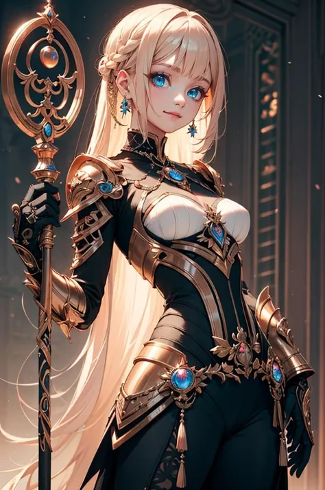 <lora:edgLnF:0.8> edgLnF, armor, clothing cutout, pauldrons, wearing edgLnF, (holding magic staff, straight-on:1.35),, ultra detailed, masterpiece, best quality, aesthetic, detailed,, solo, soft smile, light smile,
katya1, 1girl, blue eyes, very long hair, blonde hair, long blonde hair, french braid, bangs, medium breasts,