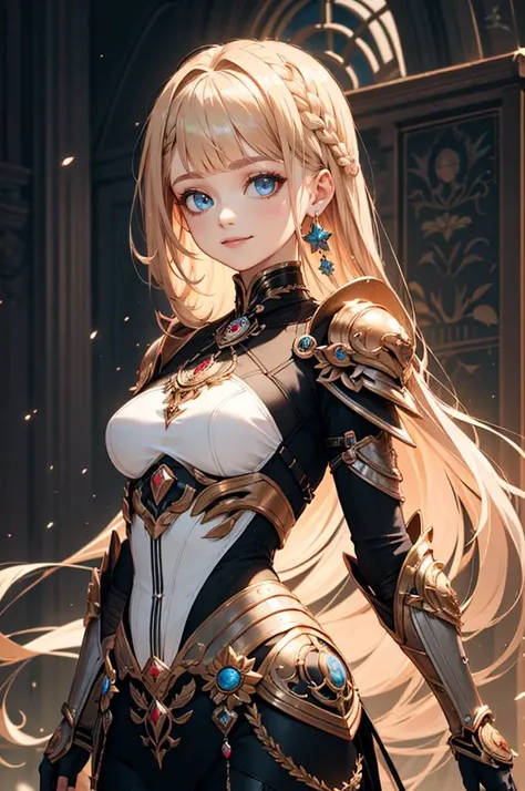 <lora:edgLnF:0.8> edgLnF, armor, clothing cutout, pauldrons, wearing edgLnF,, ultra detailed, masterpiece, best quality, aesthetic, detailed,, solo, soft smile, light smile,
katya1, 1girl, blue eyes, very long hair, blonde hair, long blonde hair, french braid, bangs, medium breasts,