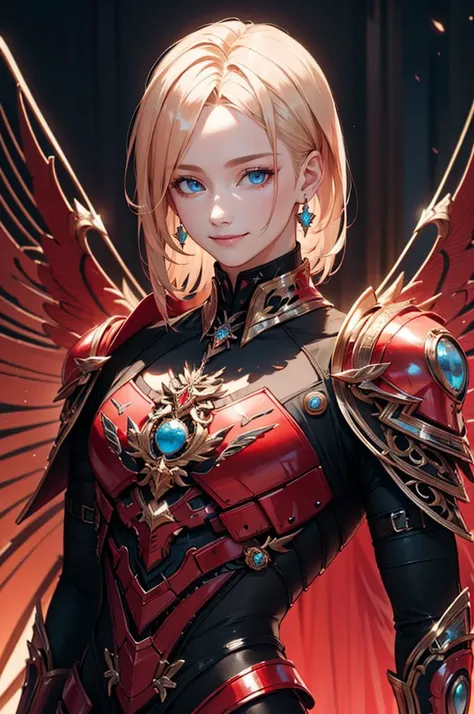 <lora:edgLnF:0.85> edgLnF, armor, clothing cutout, pauldrons, wearing edgLnF,  red theme,, ultra detailed, masterpiece, best quality, aesthetic, detailed,, solo, smile, 1boy, blue eyes, medium blonde hair, parted bangs, hair intakes, male focus, muscular male,