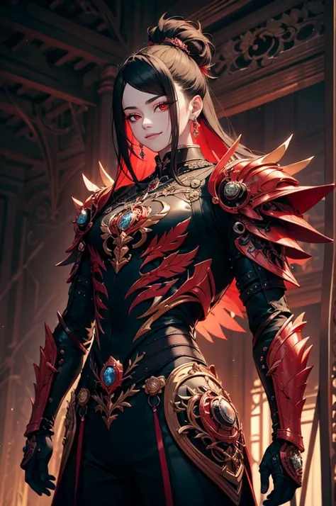 <lora:edgLnF:0.85> edgLnF, armor, clothing cutout, pauldrons, wearing edgLnF, red and black theme,, ultra detailed, masterpiece, best quality, aesthetic, detailed,, solo, smug smile, 1boy, red eyes, <lora:Tsurime3:0.7>, (tsurime:1.2), black hair, undercut, top knot, parted bangs, long bangs, bangs, short hair, hair intakes, tall,