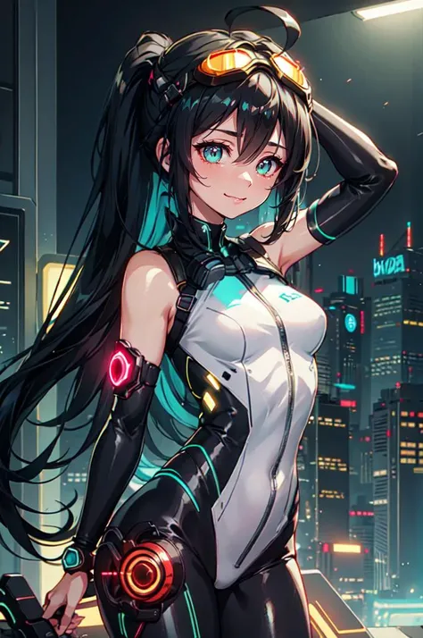 top-quality))、((​masterpiece)、cyberpunked miku、Electronic visor attached to the face of a -yeld hane miku, looking out at the city from the roof of a building、Cyberpunk Fashion、Sexy Posing、Exposed skin、Breasts enlarged、Neon lights in dark city at night