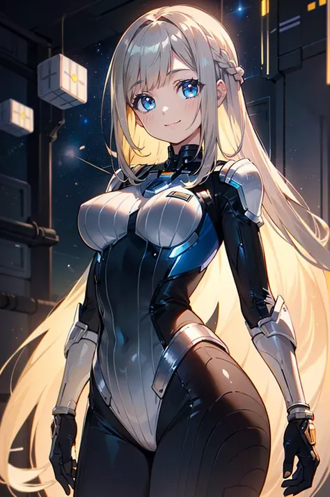 <lora:AstroBabes:1> sexy_scifi, wearing sexy_scifi, silver space costume, shiny clothes, (silver clothes:1.35),, ultra detailed, masterpiece, best quality, aesthetic, detailed,, solo, soft smile, light smile,
katya1, 1girl, blue eyes, very long hair, blonde hair, long blonde hair, french braid, bangs, medium breasts,