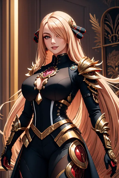 masterpiece, best quality <lora:pkmncynthia-nvwls-v1:0.75> defCynthia, very long hair, hair over one eye, large breasts, smile, hair ornaments, mansion  <lora:edgLnF:1.25> edgLnF, armor, clothing cutout, pauldrons, cowboy shot, smile, furrowed brow, filigree