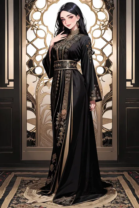 ((masterpiece,best quality,edgQuality)),(smile),looking at viewer,standing,
edgCaftan, a woman in a black floral robe posing for a picture ,wearing edgCaftan
<lora:edgMoroccanCaftan:1>