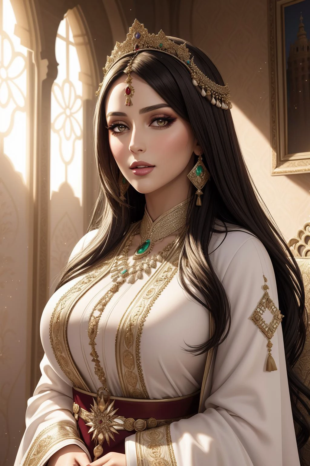 photorealistic, masterpiece, hdr, wallpaper, trending on artstation, a portrait of a beautiful woman, edgCaftan, a woman in a robe , wearing edgCaftan, <lora:edgMoroccanCaftan:0.7>, light particles, sunlit,