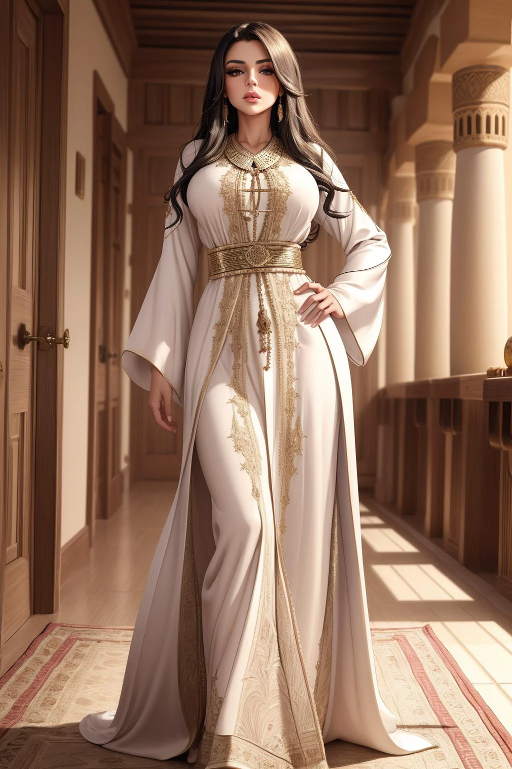 (masterpiece, clean, 8K, high res), a photo of a beautiful woman, cowboy shot, edgCaftan, a woman in a robe , wearing edgCaftan, <lora:edgMoroccanCaftan:0.7>,