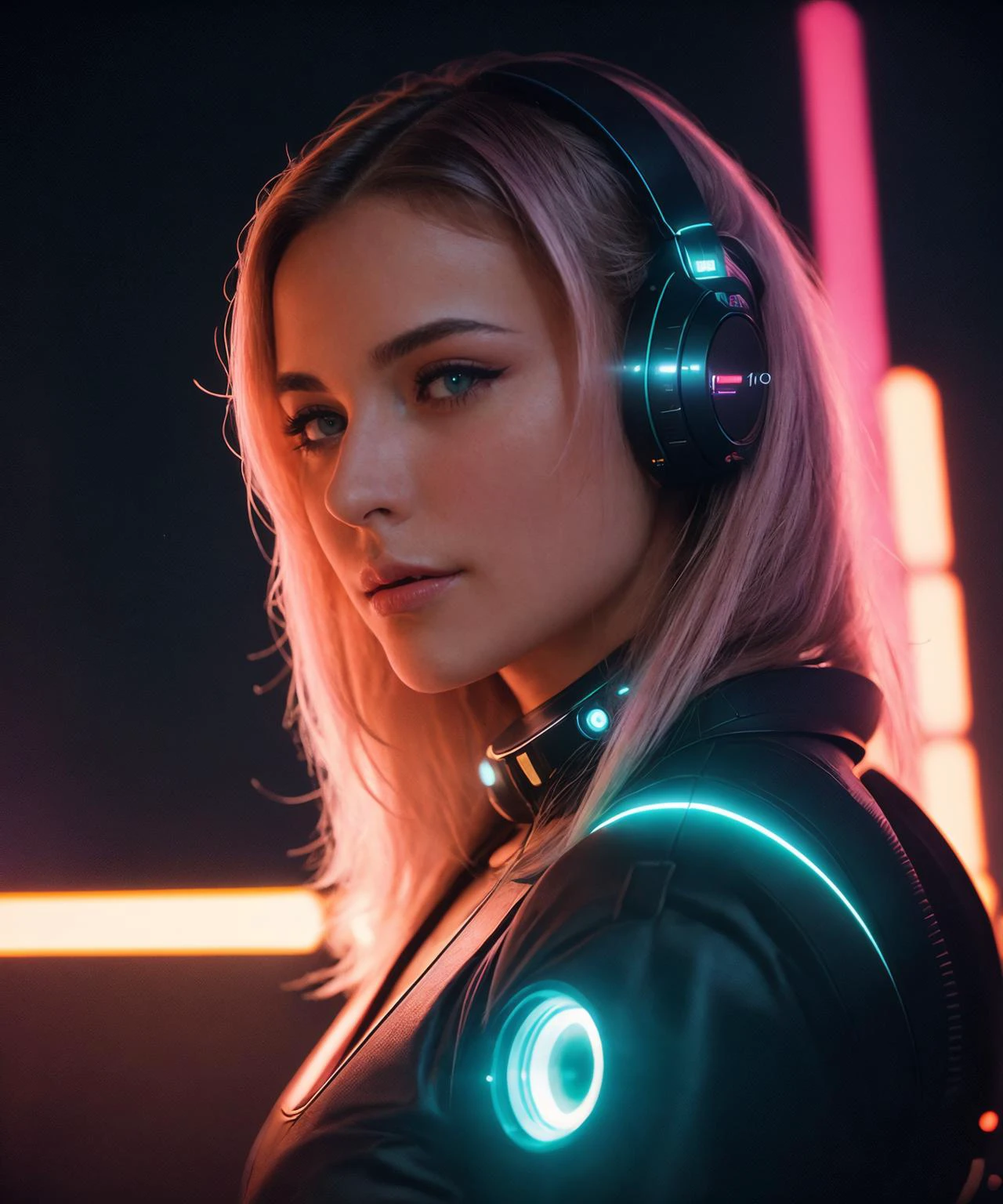 (sci-fi), futuristic rave party, rare light, neon lights, glowing, (Porta 160 color, shot on ARRI ALEXA 65, bokeh, sharp focus on subject, shot by Don McCullin), 18 y.o. girl, (hires:1.2), intricate, detailed, intricate, intricate angle, cinematic angle, rare light in hair, <lora:edgNeonBabes:0.7>