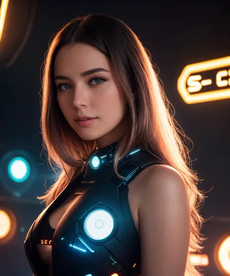 (sci-fi), futuristic rave party, rare light,  neon lights, glowing, (Porta 160 color, shot on ARRI ALEXA 65, bokeh, sharp focus on subject, shot by Don McCullin), 21 y.o. girl, (hires:1.2), intricate, detailed, intricate, intricate angle, cinematic angle, rare light in hair,  <lora:edgNeonBabes:0.7>