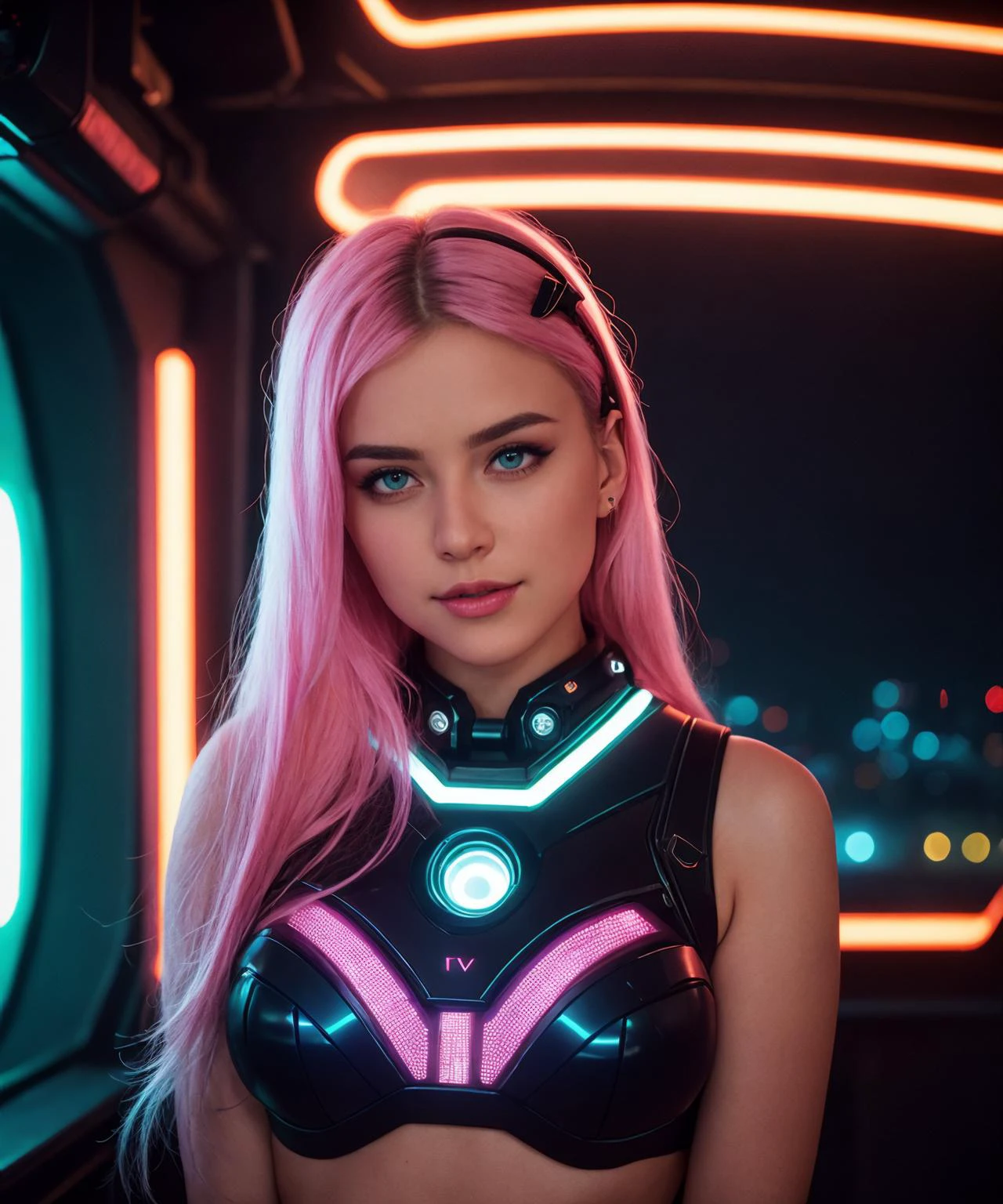 (sci-fi), futuristic rave party, rare light, neon lights, glowing, (Porta 160 color, shot on ARRI ALEXA 65, bokeh, sharp focus on subject, shot by Don McCullin), 21 y.o. girl, cute, (shy:1.2), (hires:1.2), intricate, detailed, intricate, intricate angle, cinematic angle, rare light in hair, edgneonbabes, <lora:edgNeonBabes:0.7>