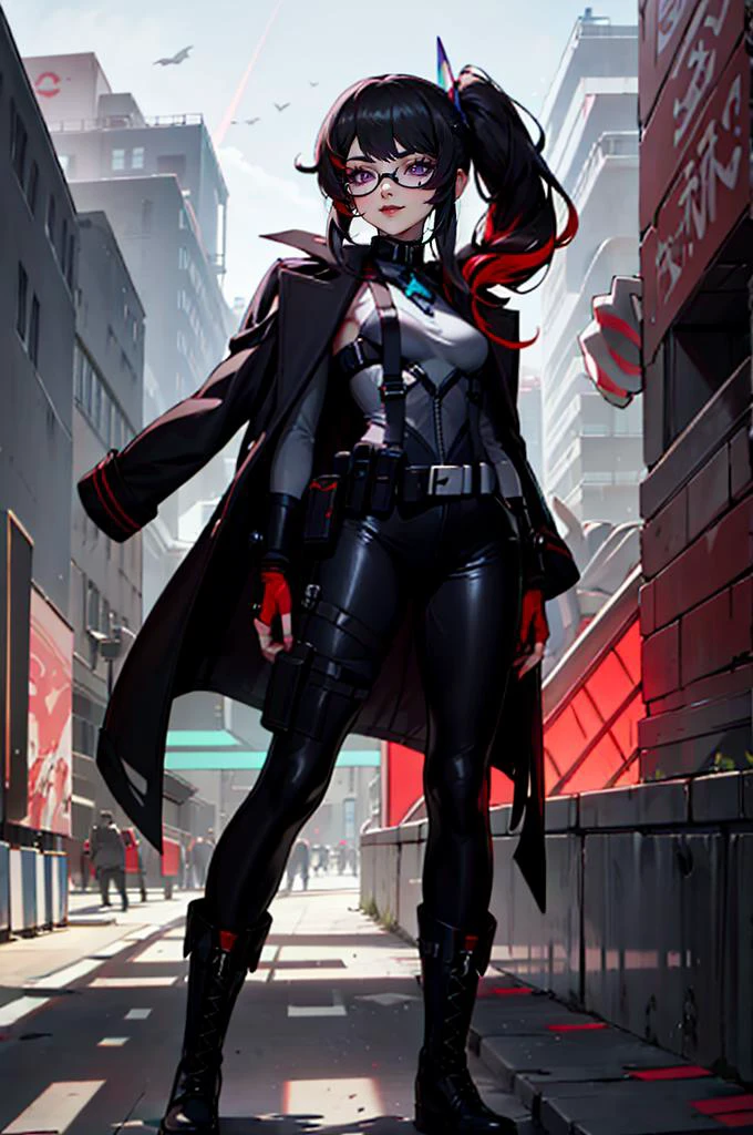 <lora:edgFuturisticRediscoveryv1:0.8> edgFut_clothing, wearing edgFut_clothing, neon lights, led, (stasis tank lineup:1.3), underground, laboratory, ruins, shadow figure,, absurdres, ultra detailed, masterpiece, best quality, aesthetic, detailed,, solo, smug smile, 1girl, purple eyes, red-framed eyewear, (black hair, red colored tips:1.2), red streaked hair, very long hair, side ponytail, tied hair, medium breasts, <lora:DipDyedHair:1> red IncursioDipDyedHair,, <lora:StS-Coat-and-Jacket-On-Shoulders-Iteration2:0.7> dataset, jacket on shoulders, coat on shoulders, red dress, sleeves rolled up, fingerless gloves, holster, belt, multiple belts, combat boots, bulletproof vest, pants, black coat, tactical clothes,