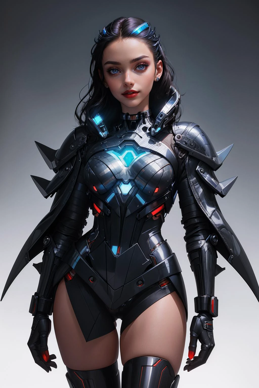((masterpiece,best quality,edgQuality)),(smile),1girl,solo,standing,posing,
edgFut_clothing,cyborg,mechanical,glowing eyes,coat,t shirt,choker,lips,lipstick,boots ,wearing edgFut_clothing <lora:edgFutursticRediscovery:1>