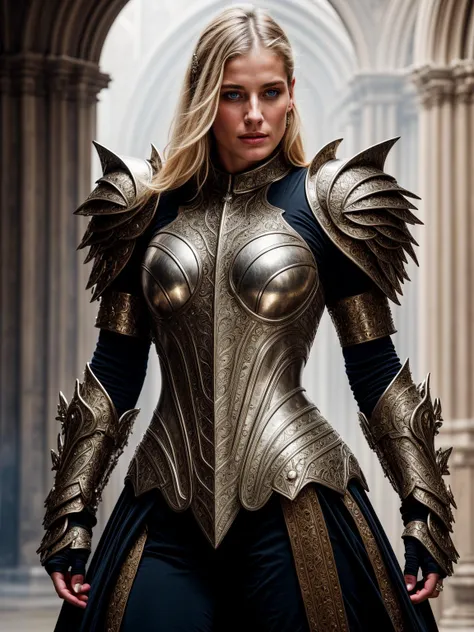 [professional::0.3][intricate:0.3:0.7][digital:0.7]-photography, fantasy concept art, photograph of blonde-woman named 'Elizabeth <lora:edgLnF:0.8> edgLnF, armor, clothing cutout, pauldrons, wearing edgLnF, <lora:add_detail:1>, magnificent, painterly, epic, majestic, fantasy art, cover art, picture-perfect