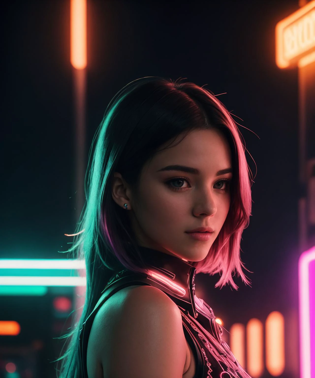 (sci-fi), futuristic rave party, rare light, neon lights, glowing, (hires:1.2), intricate, detailed, intricate, intricate angle, rare light in hair, edgneonbabes, <lora:edgNeonBabes:0.7>