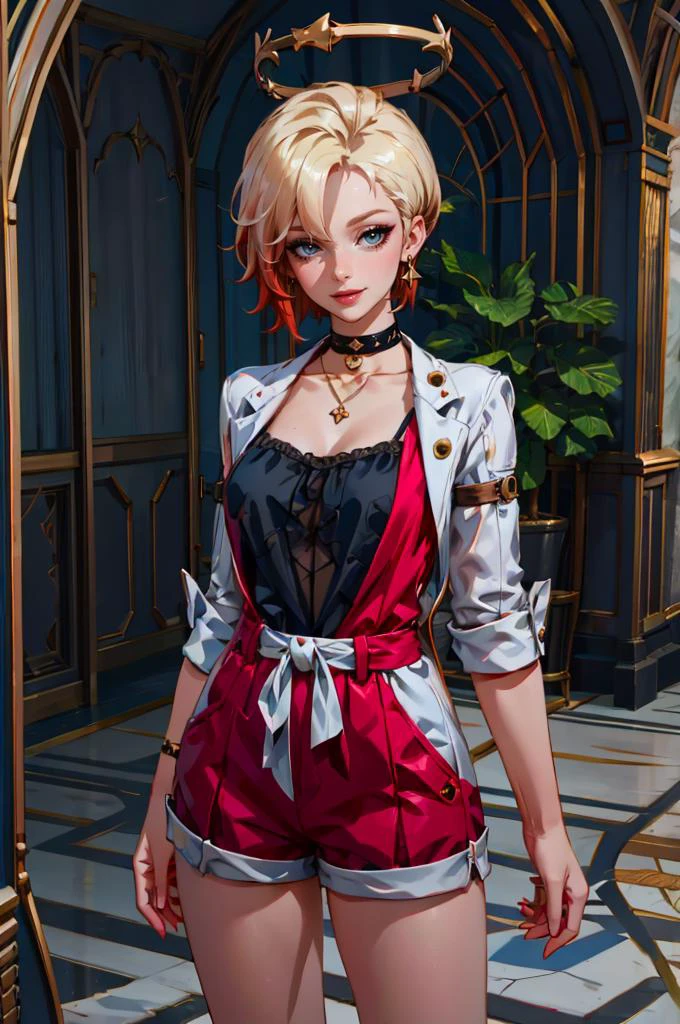 <lora:siobhan-hsr_npc-v1a:0.7> siobhan, halo, choker, cowboy shot, smile, <lora:edgPlaysuitRv1:1> edgPlaysuit, a woman wearing a romper ,wearing a edgPlaysuit,, absurdres, ultra detailed, masterpiece, best quality, aesthetic, detailed,