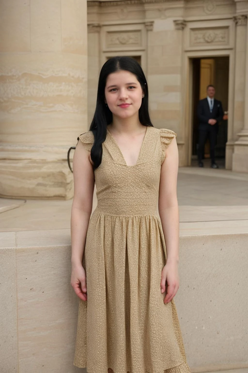 candid photograph of V10l4W3b3r-140 a ite attractive girl in an earth tone patterned and textured long dress,(3/4 shot),medium close-up shot,<lora:edgEuropeanVintageR:1>edgEV,wearing edgEV_vintage dress,((skinny)),((art museum)),Louvre in the background