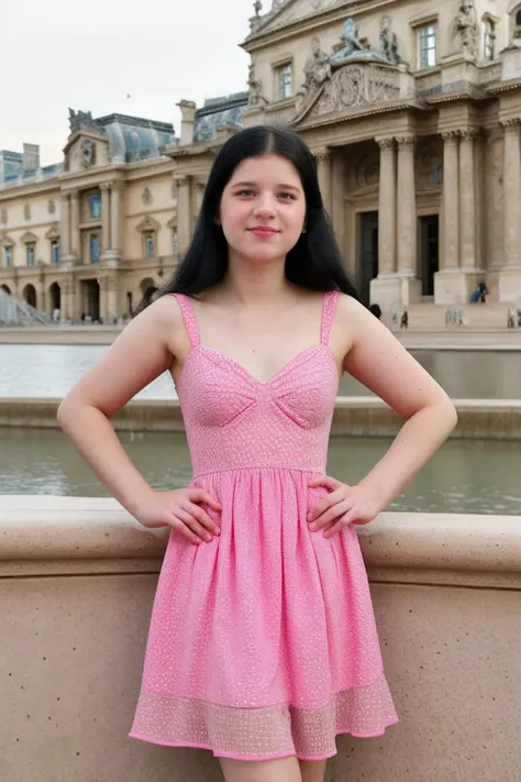 candid photograph of V10l4W3b3r-140 a petite attractive girl in an shiny electric pink neon patterned and textured long dress,(3/4 shot),medium close-up shot<lora:edgEuropeanVintageR:1>edgEV,wearing edgEV_vintage dress,((skinny)),((art museum)),Louvre in the background