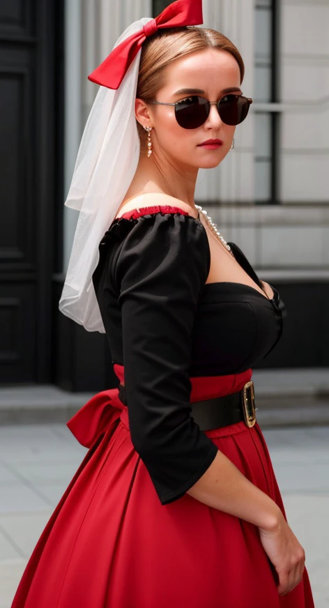 (a young German woman with a (pretty face:1.1), ideal facial features, sunglasses, (detailed lips:0.9):1.3), realistic skin textures, (photorealistic:1.3), (blush:1.2), (soft colors, low contrast, 8k, high quality, shot on Fujifilm X-T4, 1/200, f16, ISO 1250), <lora:epiCRealismHelper:0.99>, <lora:Detail Slider V2 By Stable :0.4>, <lora:breastsizeslideroffset:0.4>, <lora:Sagging Breasts v1:1.5>, sagging breasts, cleavage, huge breasts, hourglass figure,
wearing detailed dress, full-length gown, sweetheart neckline, black lapel, puffy sleeves, <lora:edgEuropeanVintageR:1> wearing edgEV, earrings, necklace, bonnet with red bow, black belt
