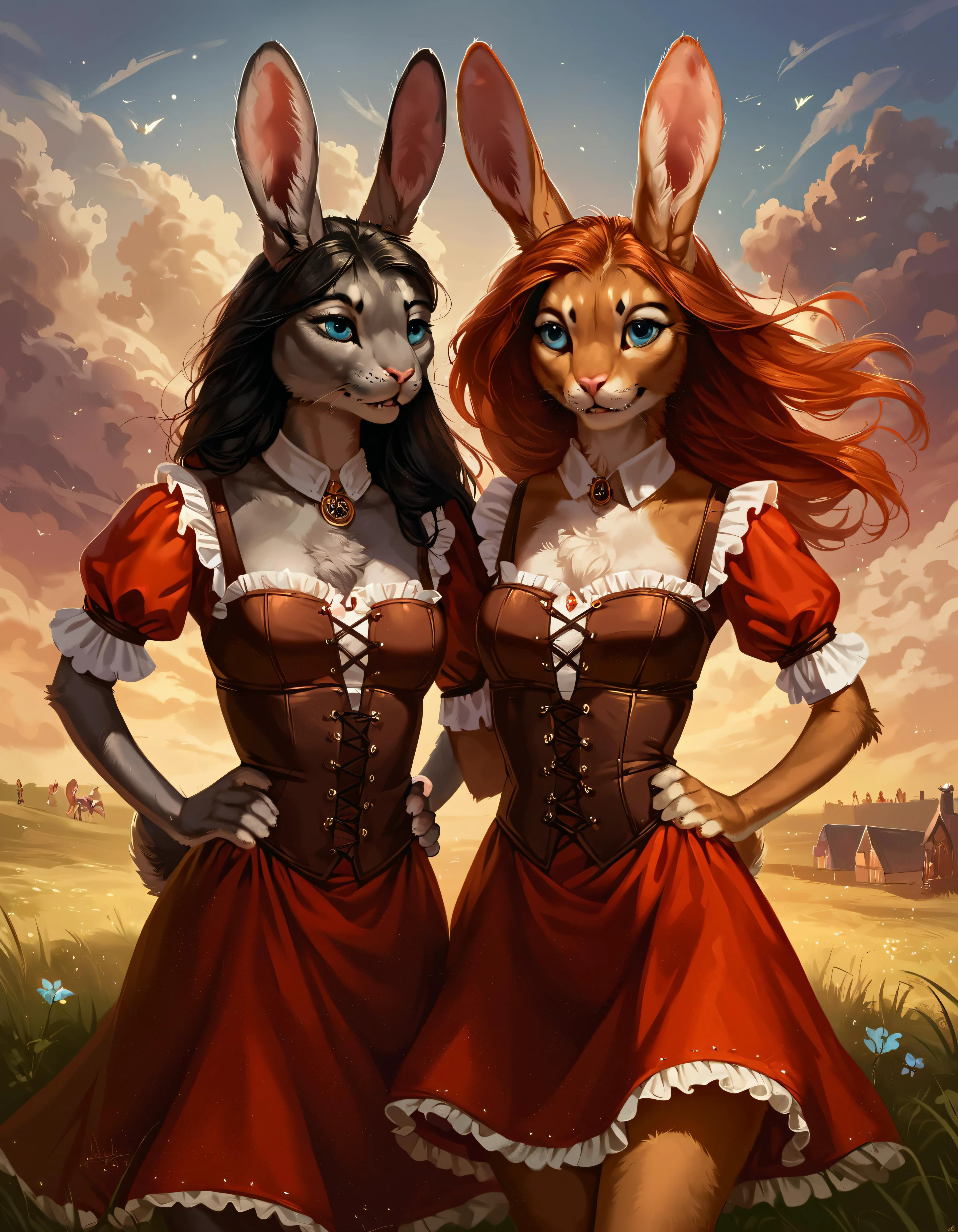 score_9, score_8_up,
2girls, furry, anthro rabbit, content young woman, grey fur, posing, dynamic pose, wearing rustic clothing, red clothing,hands on hips,one ear down,touching ear, female focus, shot from dynamic angle, cowboy shot, highly detailed, detailed fur, rating_questionable, day, wildflowers, grassy field, medieval,
<lora:Concept Art Twilight Style SDXL_LoRA_Pony Diffusion V6 XL:0.8> (realistic), <lora:Expressive_H-000001:0.8> expressiveH, <lora:sinfully_stylish_SDXL> <lora:edgDirindlv1:1> dirndl,