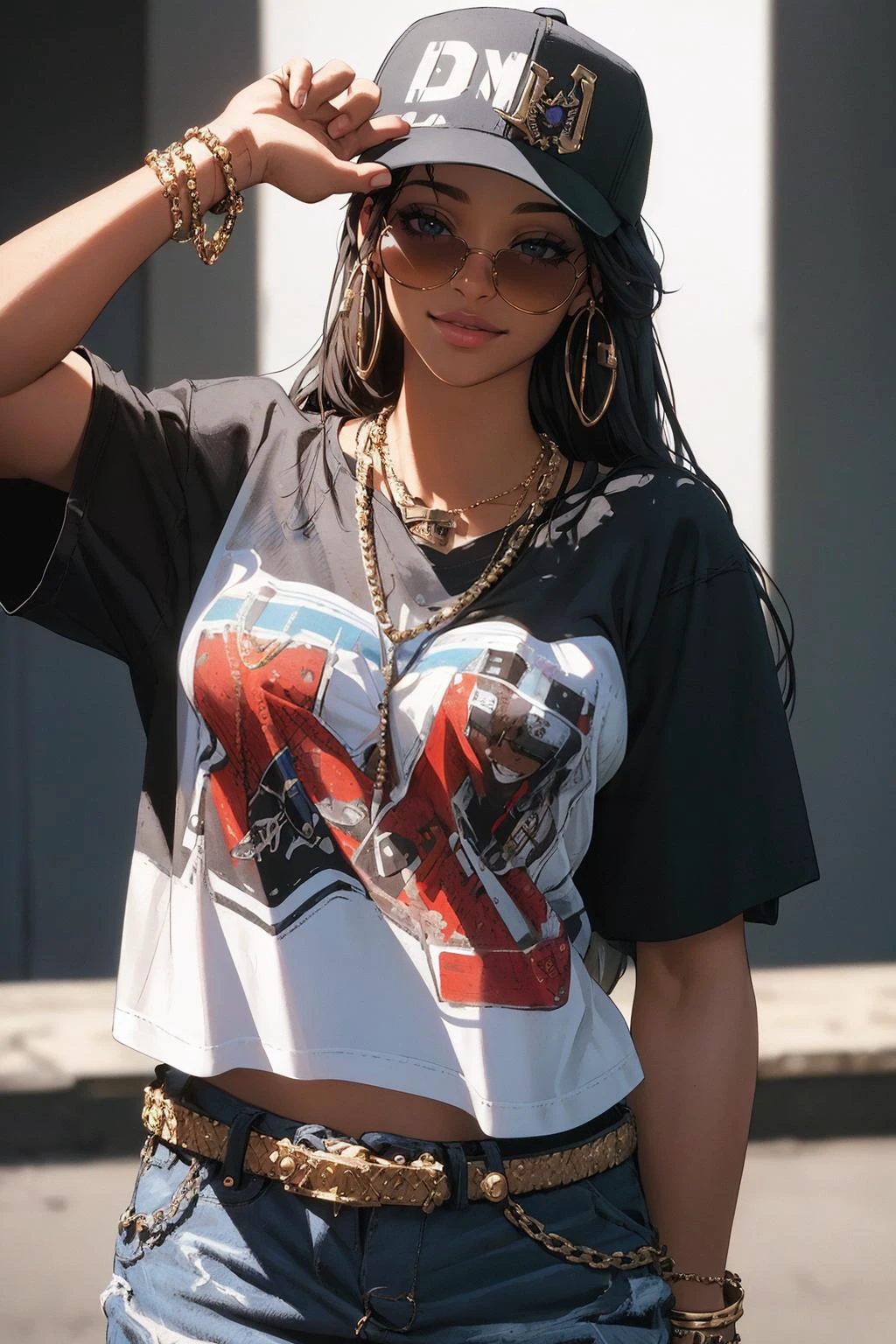 ((Masterpiece, best quality, edgQuality)),smile,
edg90hh, woman,oversize shirt,chain necklace,sunglasses ,wearing edg90hh_clothing
<lora:edg90sHIPHOP:1>