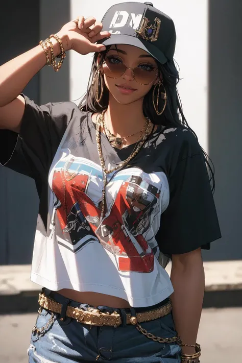 ((Masterpiece, best quality, edgQuality)),smile,
edg90hh, woman,oversize shirt,chain necklace,sunglasses ,wearing edg90hh_clothing
<lora:edg90sHIPHOP:1>