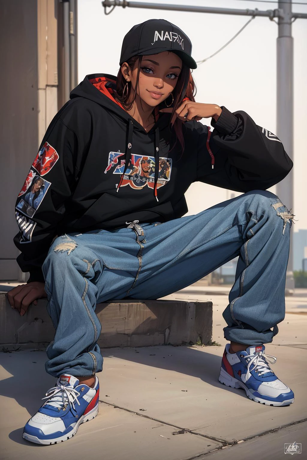 ((Masterpiece, best quality, edgQuality)),smile,
edg90hh, hoodie,baggy pants,sneakers ,wearing edg90hh_clothing
<lora:edg90sHIPHOP:1>