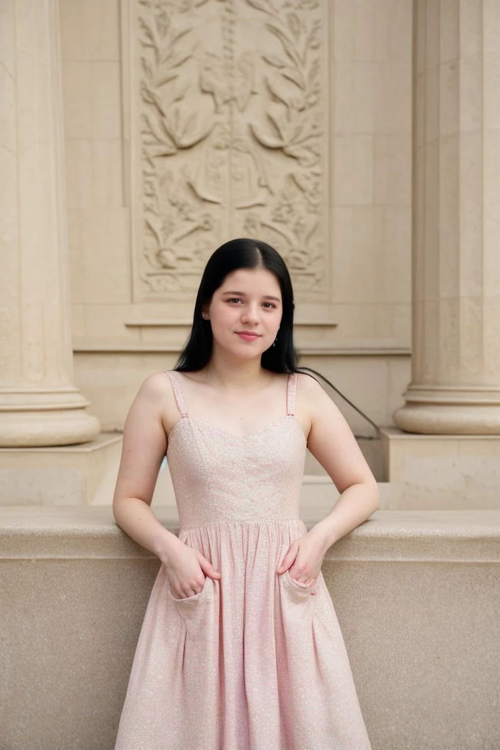 candid photograph of V10l4W3b3r-140 a ite attractive girl in an pastel patterned and textured long dress,(3/4 shot),medium close-up shot<lora:edgEuropeanVintageR:1>edgEV,wearing edgEV_vintage dress,((skinny)),((art museum)),Louvre in the background