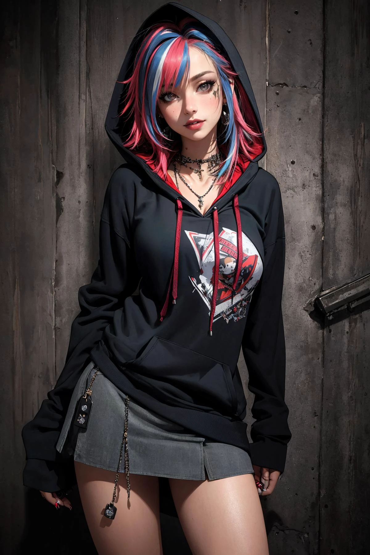 ((Masterpiece, best quality, edgQuality)),smile,breasts
edgGrunge, 1girl,solo,dress,miniskirt,hoodie,hood up,jewelry,chains,streaked hair ,wearing edgGrunge fashion
<lora:edgGrungeR-000001:0.7>