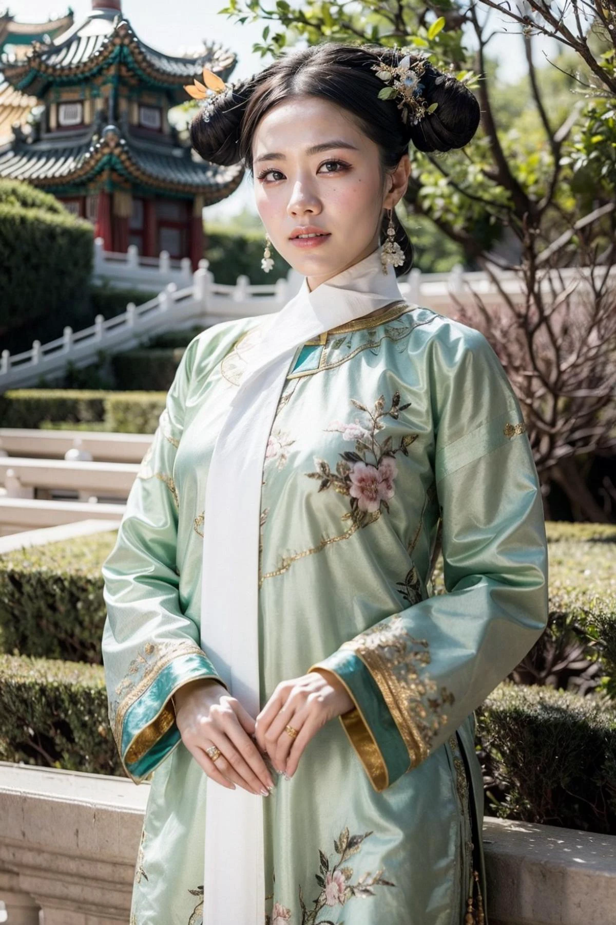 (realistic:1.3), finely detailed, quality, rembrandt lighting, (masterpiece:1.2), (photorealistic:1.2), (best quality), (detailed skin:1.3), (intricate details), dramatic, ray tracing, 1girl, chinese girl, 21 years old, detailed skin texture, (blush:0.5), (goosebumps:0.5), subsurface scattering, smiling, medium breasts, qingchao, a woman in a traditional chinese dress poses for a picture , woman wearing a qingchao_dress, qingchao_haircut, qingchao_scarf, cowboy shot, (bright sunny day, outdoors, chinese imperial palace, sky), <lora:edgQingChao-Rediscovery:1>