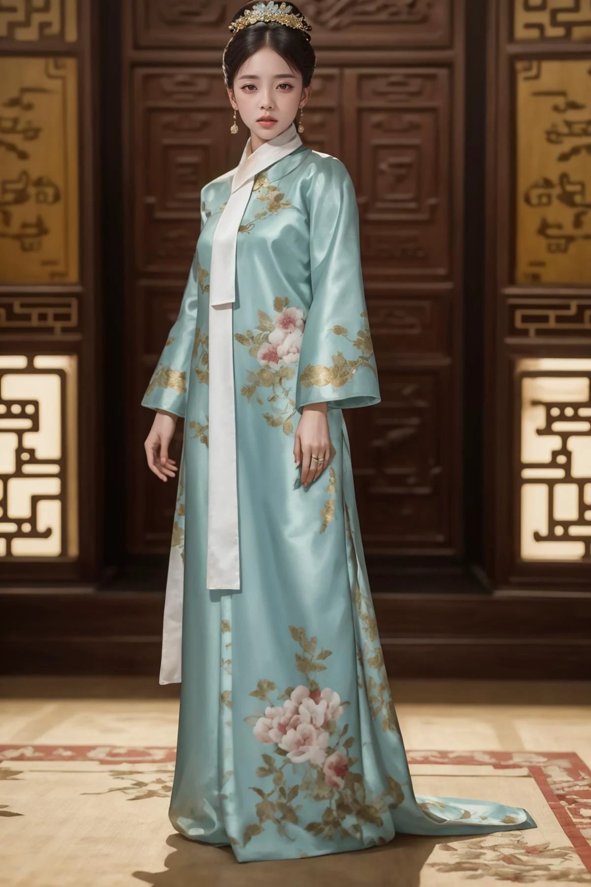 8k,highres,absurdres,masterpiece,best quality,original,extremely detailed CG,extremely detailed wallpaper,perfect lighting,<lyco:GoodHands-beta2:1>,
1girl,solo,blurry_background,looking_at_viewer,standing on the stage,
<lora:edgQingChao-Rediscovery:0.8>,qingchao,woman wearing a qingchao_dress,qingchao_haircut,qingchao_scarf,
