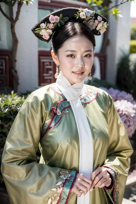 (realistic:1.3), finely detailed, quality, rembrandt lighting, (masterpiece:1.2), (photorealistic:1.2), (best quality), (detailed skin:1.3), (intricate details), dramatic, ray tracing, 1girl, chinese girl, 21 years old, detailed skin texture, (blush:0.5), (goosebumps:0.5), subsurface scattering, smiling, medium breasts, qingchao, a woman in a traditional chinese dress poses for a picture , woman wearing a qingchao_dress, qingchao_haircut, qingchao_scarf, cowboy shot, (bright sunny day, outdoors, chinese imperial palace, sky), <lora:edgQingChao-Rediscovery:1>