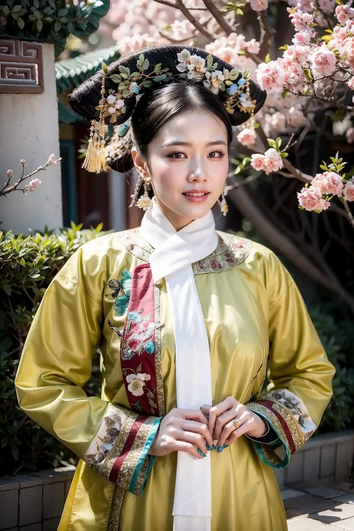 (realistic:1.3), finely detailed, quality, rembrandt lighting, (masterpiece:1.2), (photorealistic:1.2), (best quality), (detailed skin:1.3), (intricate details), dramatic, ray tracing, 1girl, chinese girl, 21 years old, detailed skin texture, (blush:0.5), (goosebumps:0.5), subsurface scattering, smiling, medium breasts, qingchao, a woman in a traditional chinese dress poses for a picture , woman wearing a qingchao_dress, qingchao_haircut, qingchao_scarf, cowboy shot, (bright sunny day, outdoors, chinese imperial palace, sky), <lora:edgQingChao-Rediscovery:1>