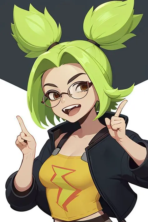 chibi,zeri,upper body,green twintails,tank top, jacket, index finger raised,glasses, upper teeth,white background, <lora:Character_Zeri:1>