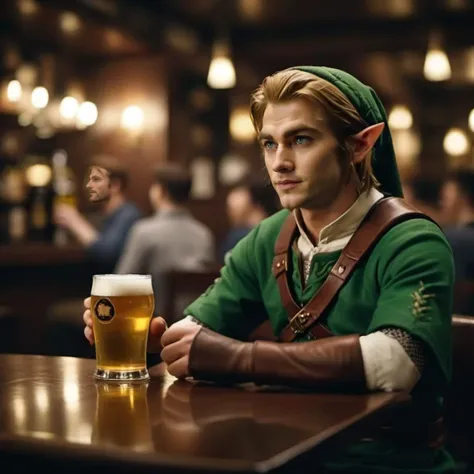 cinematic photo a man is link and having a beer in a pub <lora:Link1024:0.8> . 35mm photograph, film, bokeh, professional, 4k, highly detailed