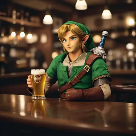 cinematic photo a full body link is drunk and having a beer in a pub <lora:Link1024:0.8> . 35mm photograph, film, bokeh, professional, 4k, highly detailed