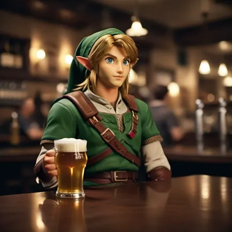 cinematic photo a full body link is drunk and having a beer in a pub <lora:Link1024:0.8> . 35mm photograph, film, bokeh, professional, 4k, highly detailed