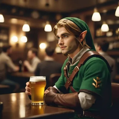 cinematic photo a man is link and having a beer in a pub <lora:Link1024:0.8> . 35mm photograph, film, bokeh, professional, 4k, highly detailed