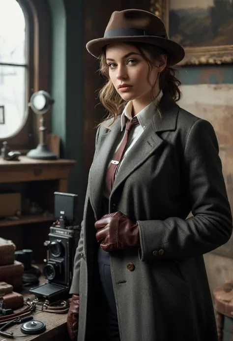 (medium full shot) of (intuitive detective) young woman, voluptuous build, long brown updo hair, german, tan skin, brown eyes, wearing a classic fedora, charcoal wool overcoat, button-down shirt, tailored trousers, knee-high boots, magnifying glass leather gloves, old-fashioned camera, set in  a surveillance spot, with hidden cameras, monitoring equipment, dark clothing, and a covert feel , ,Masterpiece,best quality, photo, realistic, very aesthetic