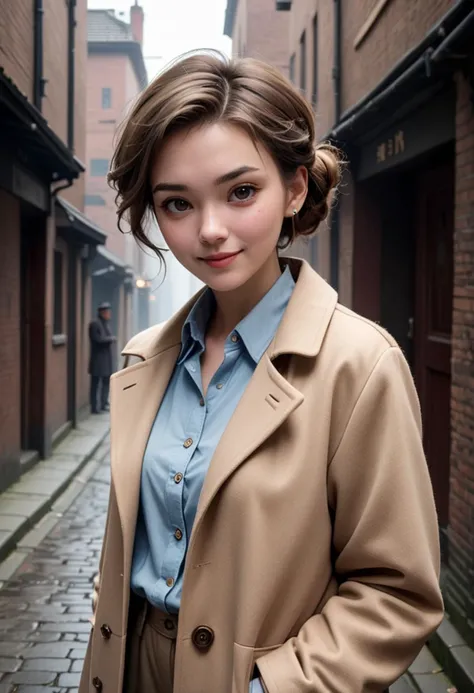 (medium full shot) of (observant detective) young woman, normal build, short brown messy bun hair, chinese, pale skin, light brown eyes, wearing a classic fedora, beige wool overcoat, matching blouse and trousers , brogues, detective badge vintage wristwatch, stylish pipe, set in  a quiet, secluded alley, with hidden entrances, shadowy corners, and an air of mystery, during the day, woman smiling, ,Masterpiece,best quality, raw photo, realistic, very aesthetic