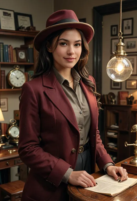 (medium full shot) of (sharp detective) young woman, petite build, extra long dark ponytail hair, black american, dark skin, brown eyes, wearing a classic fedora, maroon wool overcoat, matching blouse and trousers , derby shoes, stylish pocket watch detective badge, classic pipe, set in  a dimly lit detective office, with wooden furniture, vintage decor, stacks of case files, and an old-fashioned desk lamp, in the rain, woman smiling, ,Masterpiece,best quality, photo, realistic, very aesthetic, detailed face,