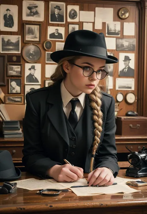 (medium full shot) of (methodical detective) young woman, voluptuous build, long dark double braids hair, swedish, fair skin, blue eyes, wearing a classic fedora, black detective vest, matching blouse and trousers , oxford shoes, detective badge magnifying glass, classic pipe, set in  a cluttered detective office, featuring corkboards with photos and clues, filing cabinets, leather chairs, and an antique desk, in the rain, ,Masterpiece,best quality, photo, realistic, very aesthetic